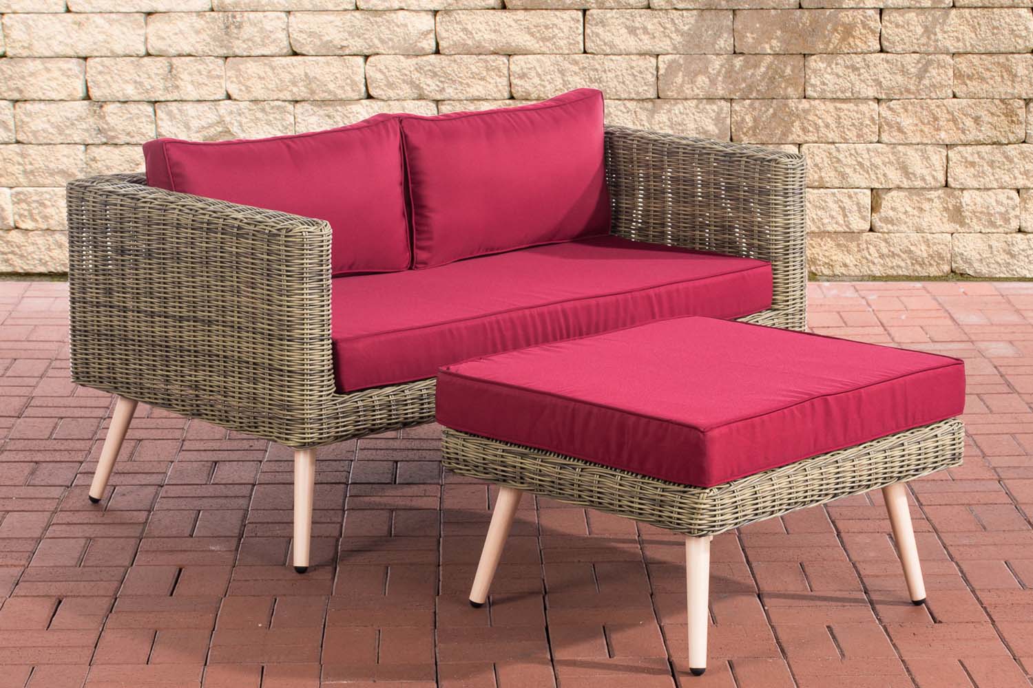 2er Sofa Molde mit Fußhocker 5mm Natura-45 cm (Hellbraun)-Rubinrot