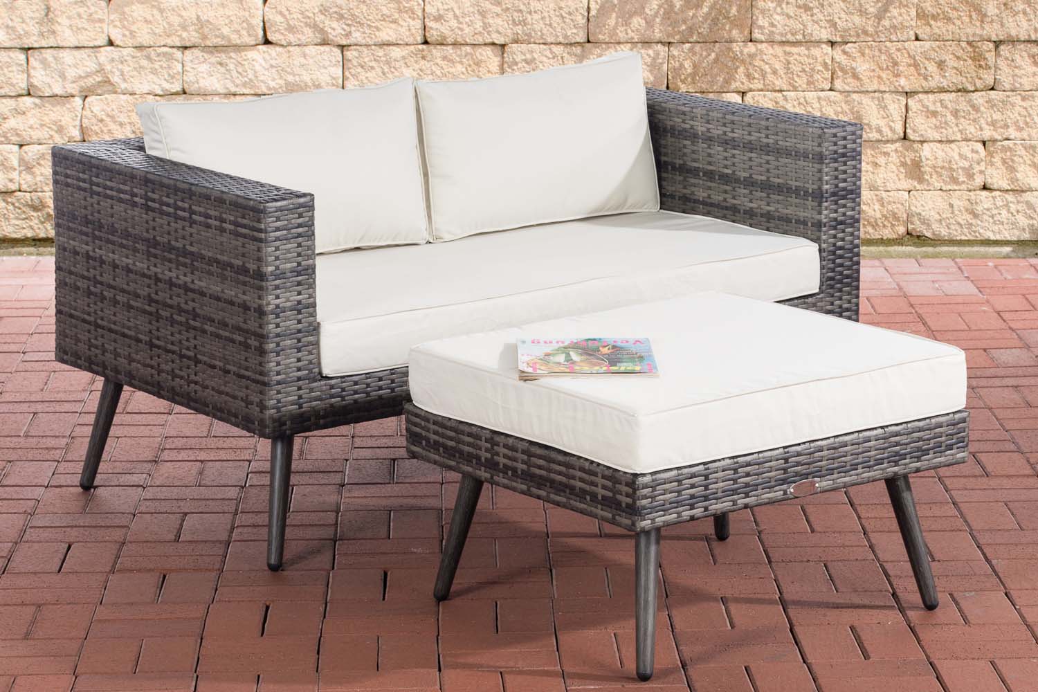 2er Sofa Molde mit Fußhocker Grau-meliert-40 cm (Dunkelgrau)-Cremeweiß