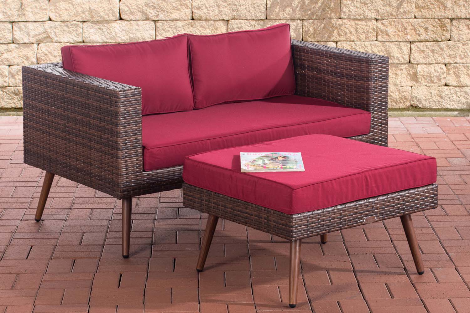 2er Sofa Molde mit Fußhocker Braun-meliert-45 cm (Dunkelbraun)-Rubinrot